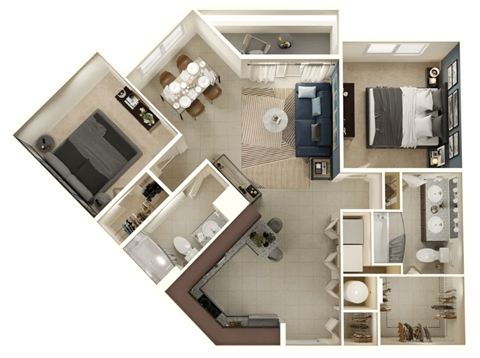Floor plan for 2 beds, 2 baths, 1169 sqft